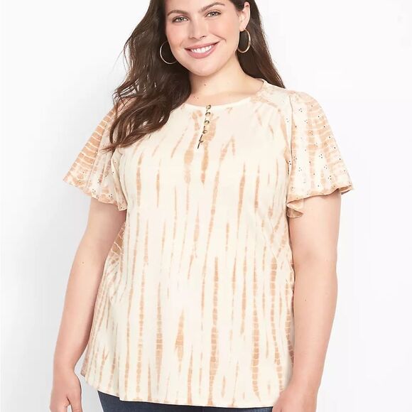Lane Bryant - Relaxed Eyelet Flutter-Sleeve Henley Knit Top - Tie-Dye - Picture 2 of 5